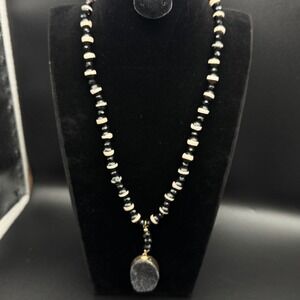 Vintage John Medeiros Signed Beaded Druzy Pendant Necklace Gold Tone Clasp 20 in